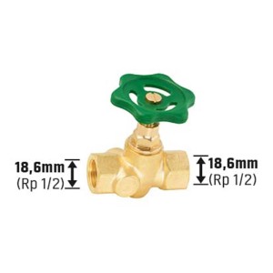 Messing Durchgangsventil 18,6 mm (Rp 1/2) mit grünem Griff zur Durchflussregulierung.