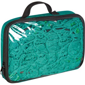 Ladungssicherungsnetz AH-101, elastisch, 1,5x2,2m, im grünen Tragebehälter mit Sichtfenster.