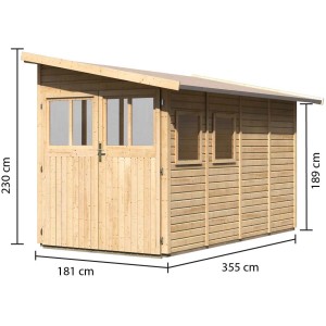 Karibu Holz-Gartenhaus Kristiansund, unbehandelt, mit Pultdach und Maßangaben.