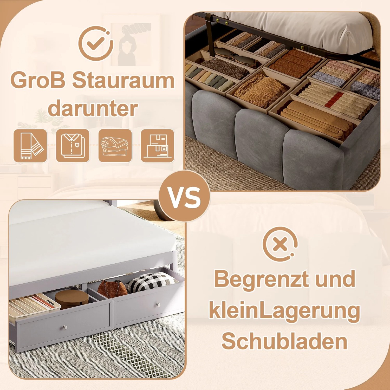 okwish Polsterbett 140x200cm mit LED Beleuchtung Schlafzimmer Grau ohne Matratze_7
