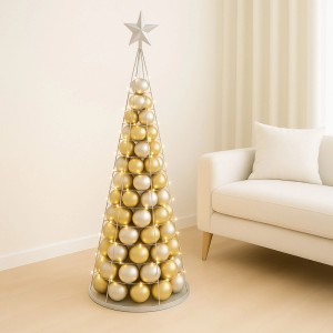 Silberfarbener Deko-Baum aus Metall, 160 cm, mit goldenen und silbernen Kugeln, Weihnachtsdekoration.