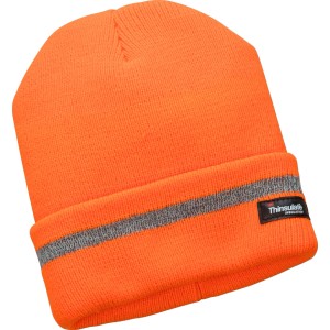 Orangefarbene Bullstar Strickmütze Warn mit Reflektorstreifen für Arbeitskleidung.