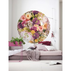 Selbstklebende Vliesfototapete Dot Frescas (Ø 125cm) mit Blumenmuster im Schlafzimmer.