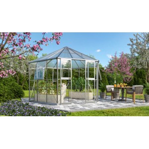 Vitavia Gewächshaus Galaxis 9000 mit Alu-Rahmen, Sicherheitsglas und Hohlkammerplatten im Garten.