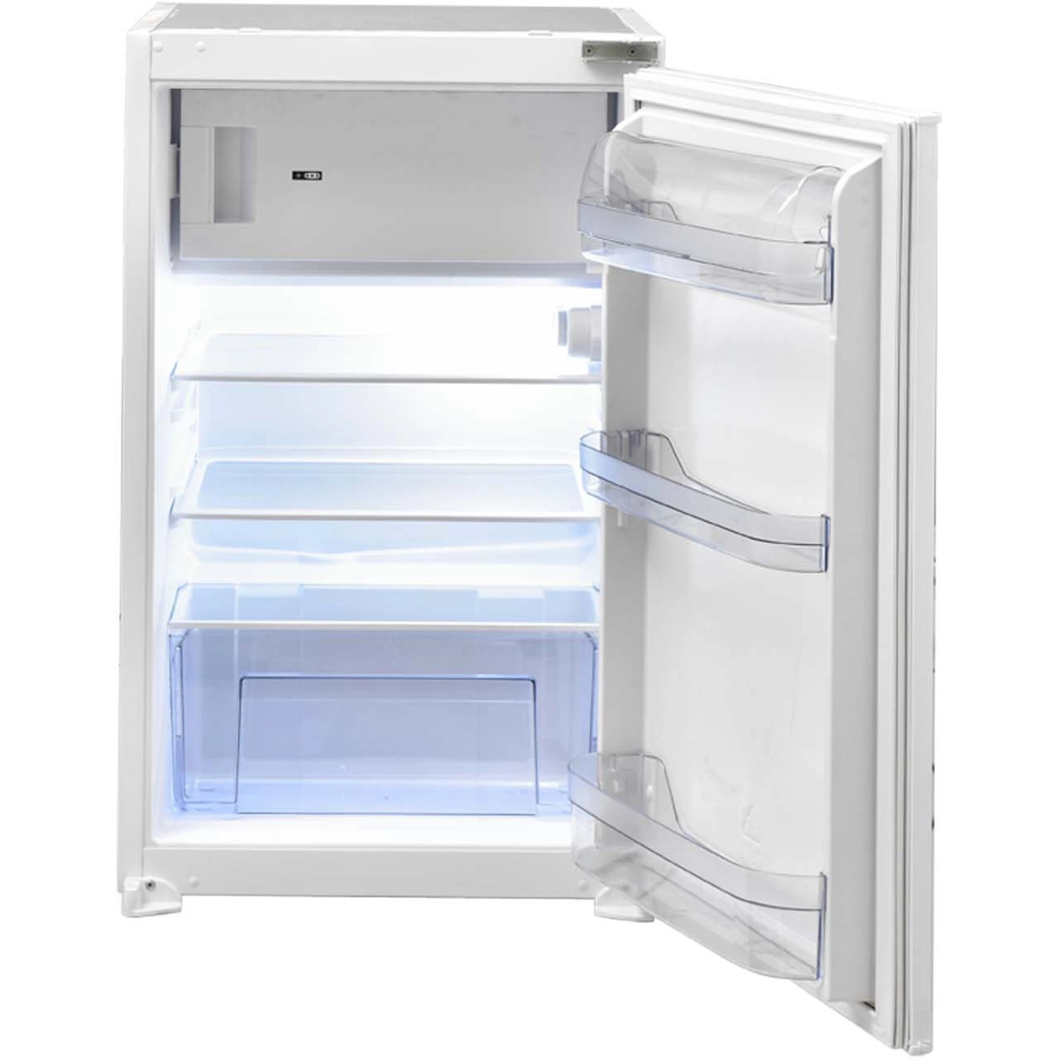 Offener, weißer Respekta Einbaukühlschrank mit Regalen und Türfächern, integriert in Küchenzeile.