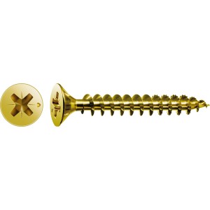 Goldene Spax Universalschraube, Senkkopf, PZ-Antrieb, 3x35 mm, geeignet für Holz und Kunststoff.
