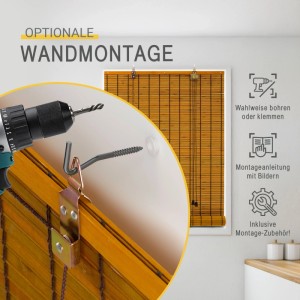Sol Royal Bambusrollo: Montagezubehör mit Bohrmaschine, Haken, Schraube. Wahlweise bohren oder klemmen am Fenster.
