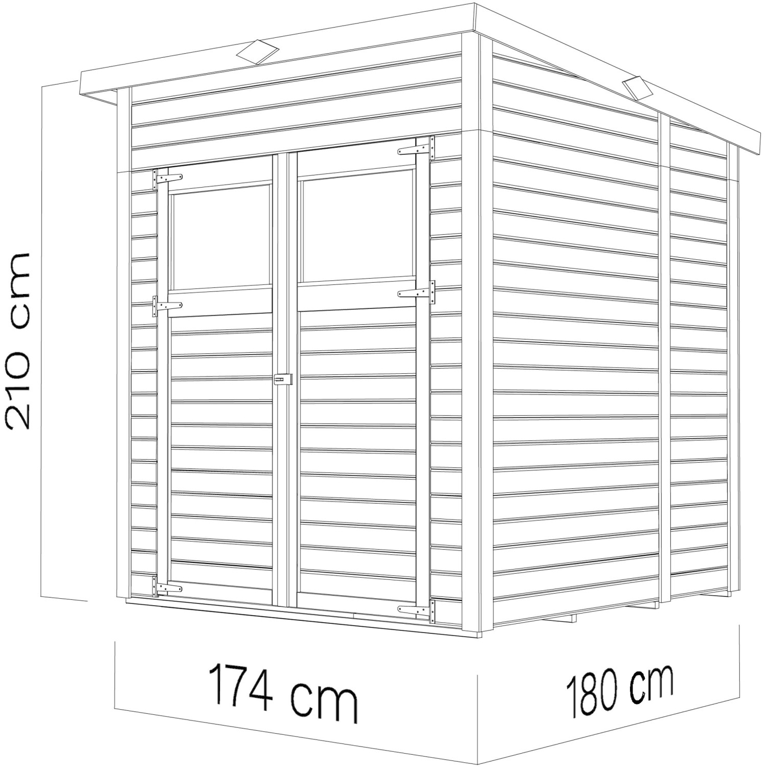 Illustration: Gartenhaus Amrum 2 aus Holz, 180x174 cm, mit Doppeltür und Maßangaben.