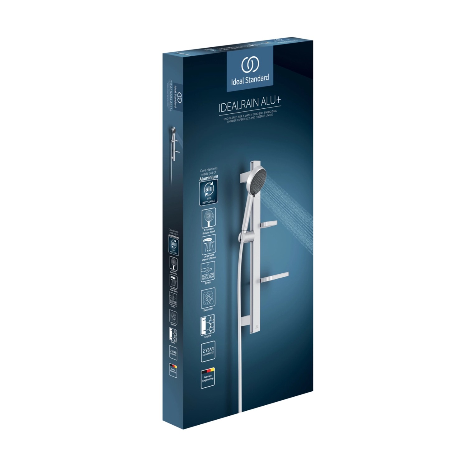 Verpackung der Ideal Standard Brausekombination Alu+ mit 2-Funktions-Handbrause in Silber.