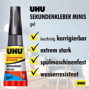 Uhu Sekundenkleber Mini Gel, 3x1g Tube in Box. Ideal für schnelle, saubere Klebungen. Kleber aus der Kategorie Kleber.