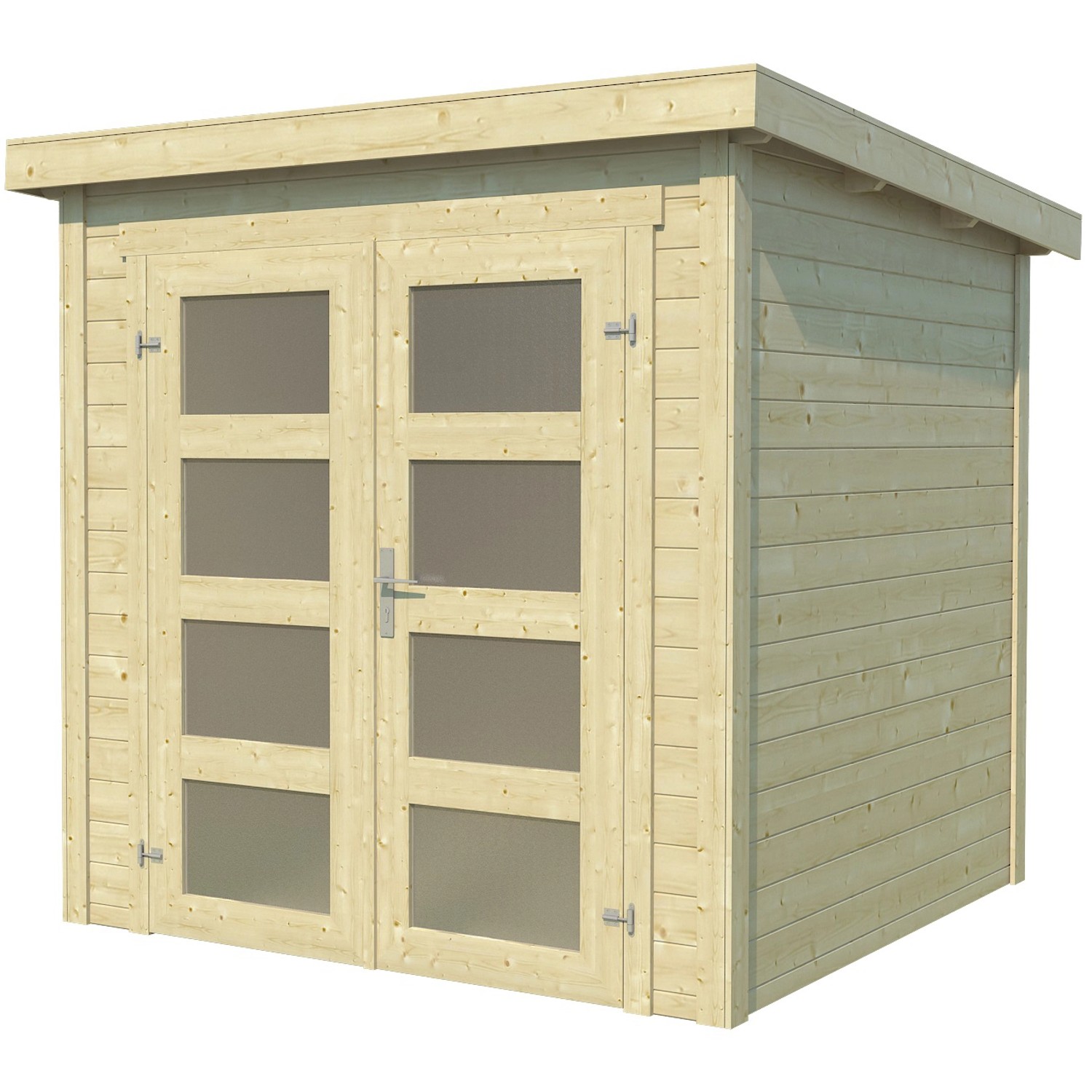 Lasita Holz-Gartenhaus Zambezi 1: Naturfarbenes Gartenhaus mit Doppeltür und Fenstern.