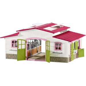 Schleich Horse Club Reiterhof mit Pferdeboxen, Reiterin und Pferden als detailreiches Spielzeug-Set.