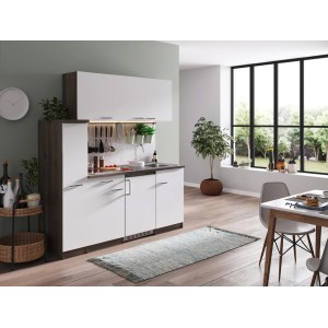 Respekta Küchenzeile KB180EYWC, 180 cm, Weiß/Eiche York Nachbildung mit Spüle und Glaskeramikkochfeld.
