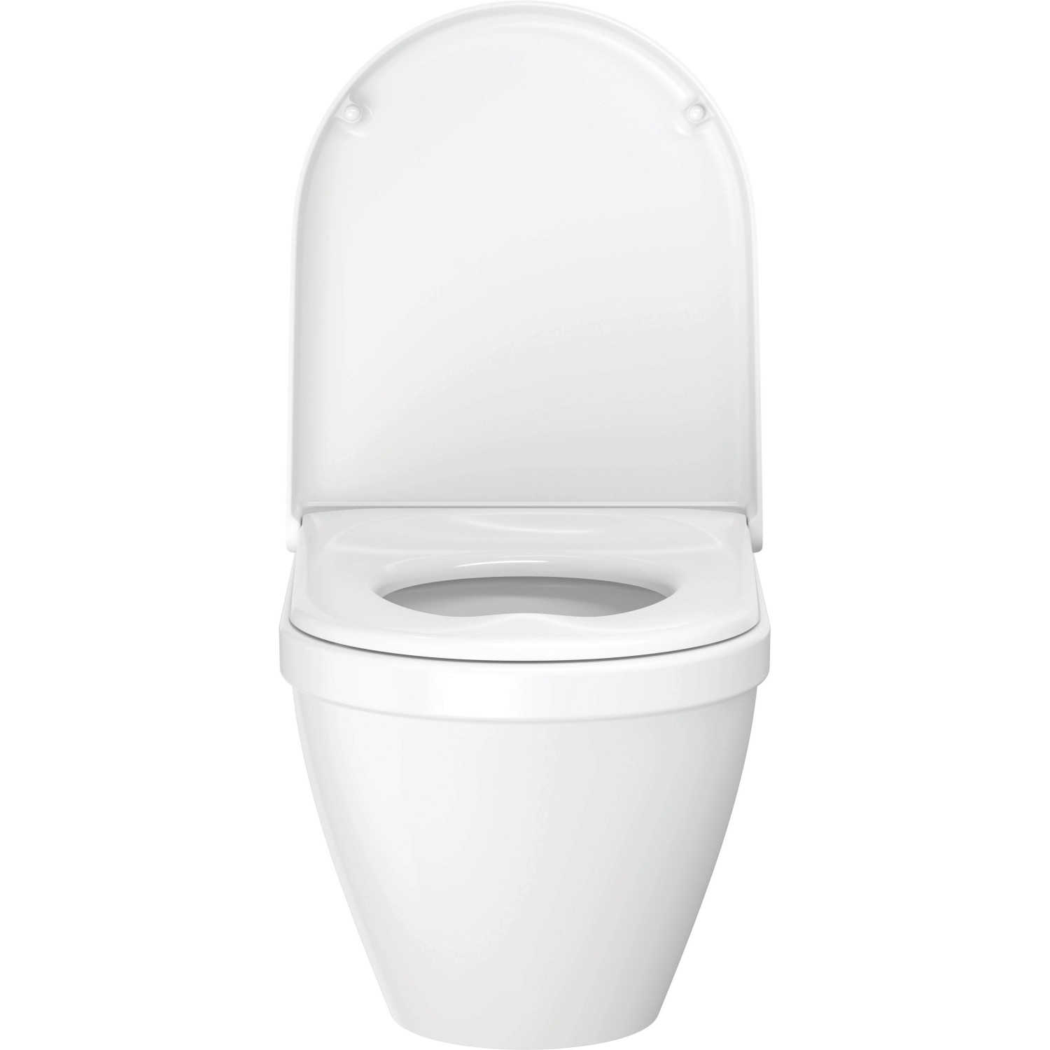 Weißes Duravit Wand WC Set Starck 3 mit offenem WC-Sitz und Absenkautomatik, Frontansicht.