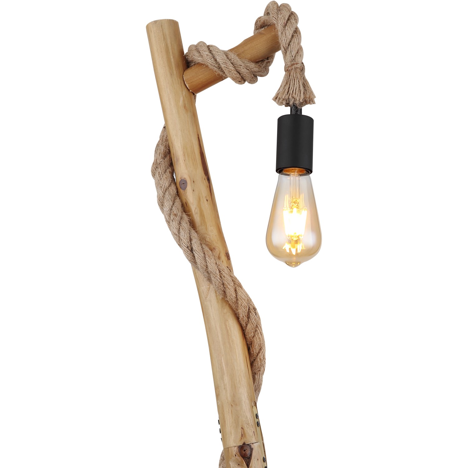 Globo Stehlampe, 1-flammig, schwarz-matt, mit Holzstamm und Hanfseil umwickelt.