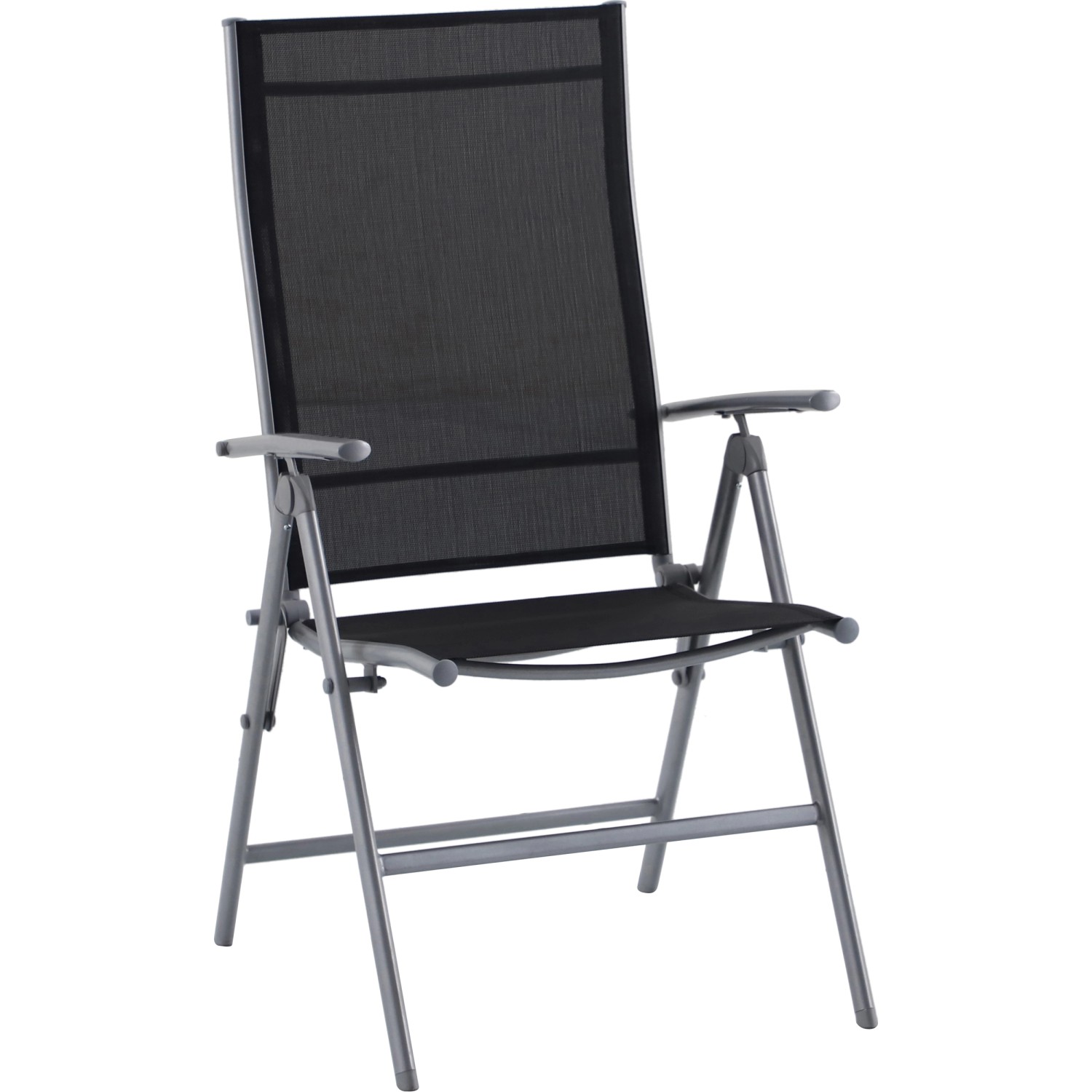 Hochlehner Gartenstuhl der Sitzgruppe Suriname mit Stahlrahmen in Silber und Textilbespannung in Schwarz.