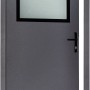 Geöffnete, anthrazitfarbene Stahl-Nebeneingangstür mit Fenster und Rechts-Anschlag.