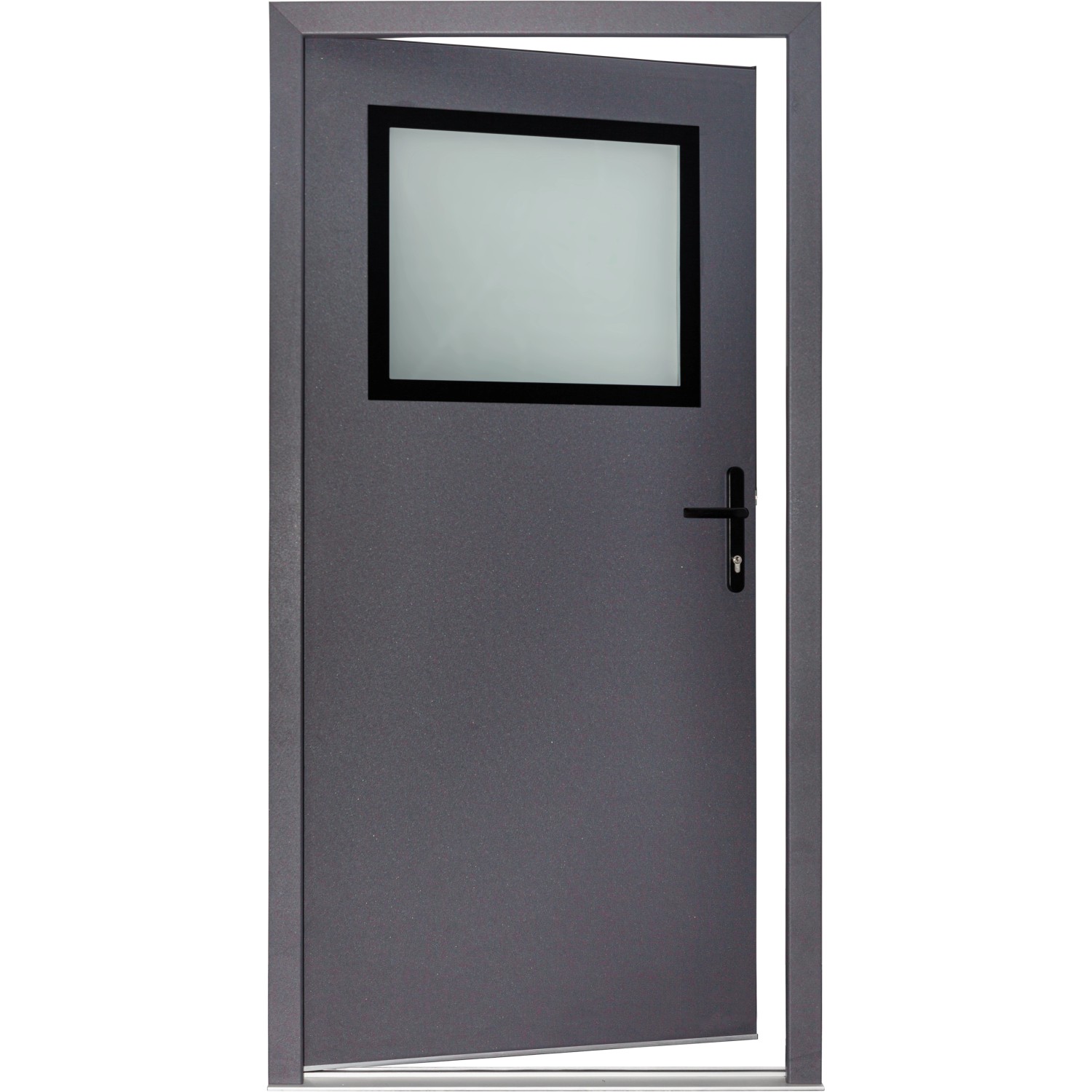 Geöffnete, anthrazitfarbene Stahl-Nebeneingangstür mit Fenster und Rechts-Anschlag.