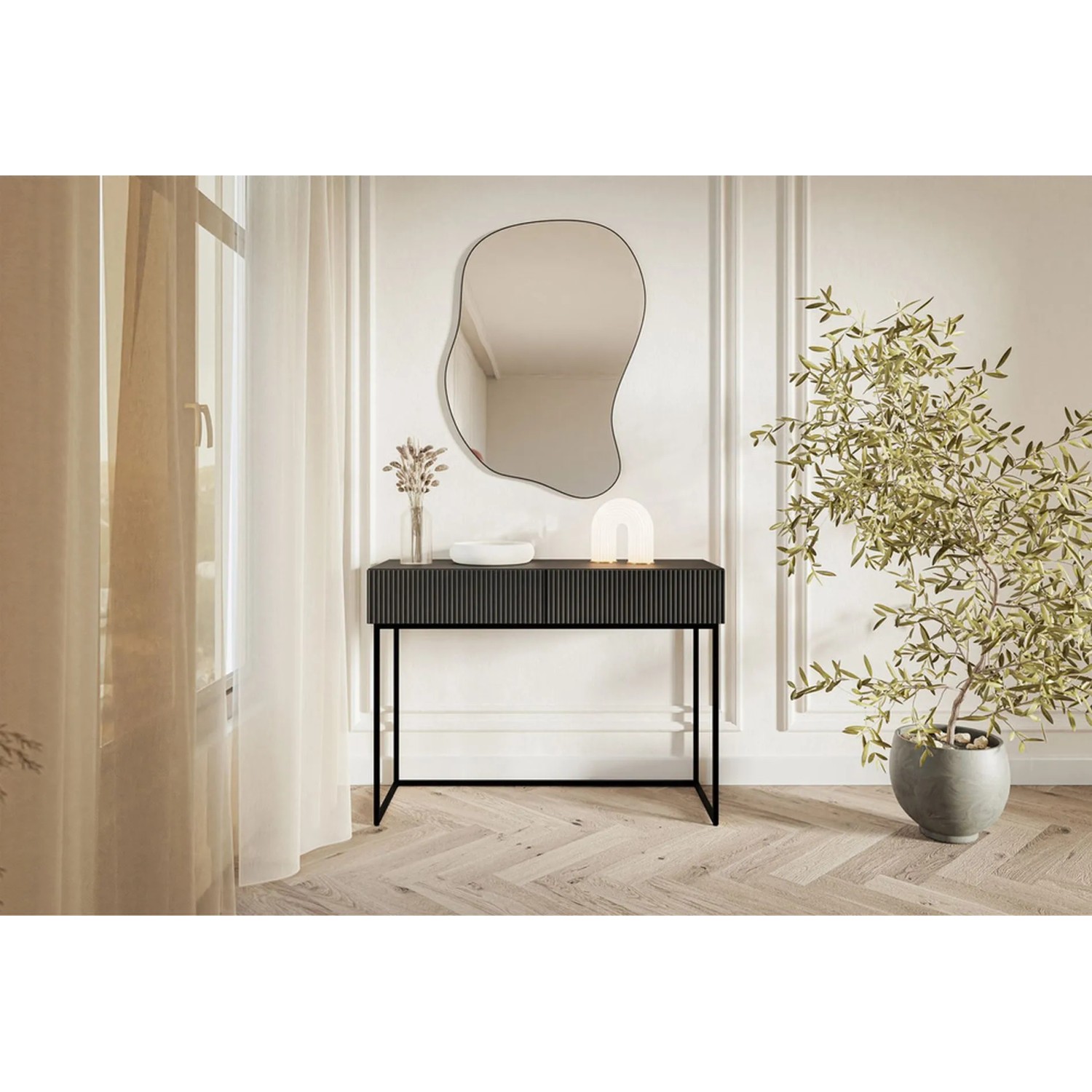Schwarzer Selsey Veldio Schminktisch 110 cm mit Lamellenfront, zwei Schubladen und schwarzen Beinen in modernem Raum.