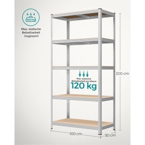 Silbernes Songmics Lagerregal, 50x100x200 cm, mit 5 Regalböden. Ideal für Garage und Keller.