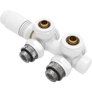 Weißes Emke Multiblock Ventil mit Thermostat für Heizkörper. Anschlussgarnitur aus Messing, weiß beschichtet.