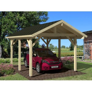 Palmako Carport Robert aus Naturholz, Einzelcarport mit dunklem Dach und rotem Auto.