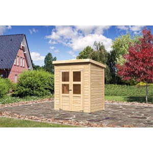 Unbehandeltes Karibu Holz-Gartenhaus Vellinge mit Pultdach, 178x122 cm, im Garten.