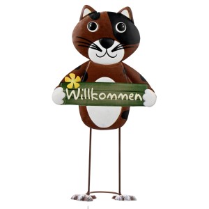 Braunes Metall-Willkommensschild in Katzenform mit schwarzen Flecken, weißem Bauch und Pfoten, hält ein grünes Schild mit "Willkommen".