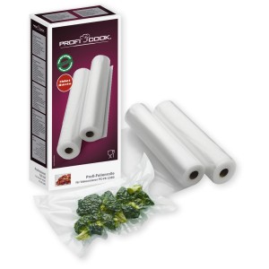 Proficook Vakuumierfolie, 2 Rollen à 28cm x 6m, mit Verpackung und vakuumiertem Brokkoli.