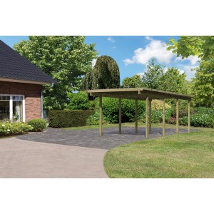 Karibu Einzelcarport Eco aus Holz mit PVC Dachplatten im Garten.