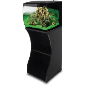 Schwarzes Fluval Flex LED Aquarium-Set (57 l) mit Unterschrank. Komplettes Glasaquarium mit Beleuchtung und Filter.