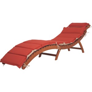 Faltbare Sonnenliege Nassau aus Eukalyptusholz mit rot-beiger Auflage.