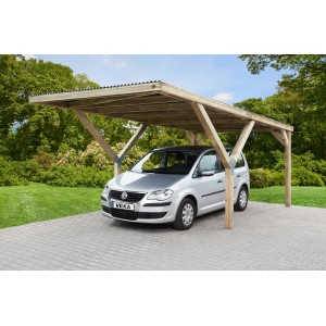 Weka Y-Carport Mugello A, kesseldruckimprägniert, mit Auto. Holzcarport mit Flachdach und PVC Dachplatten.