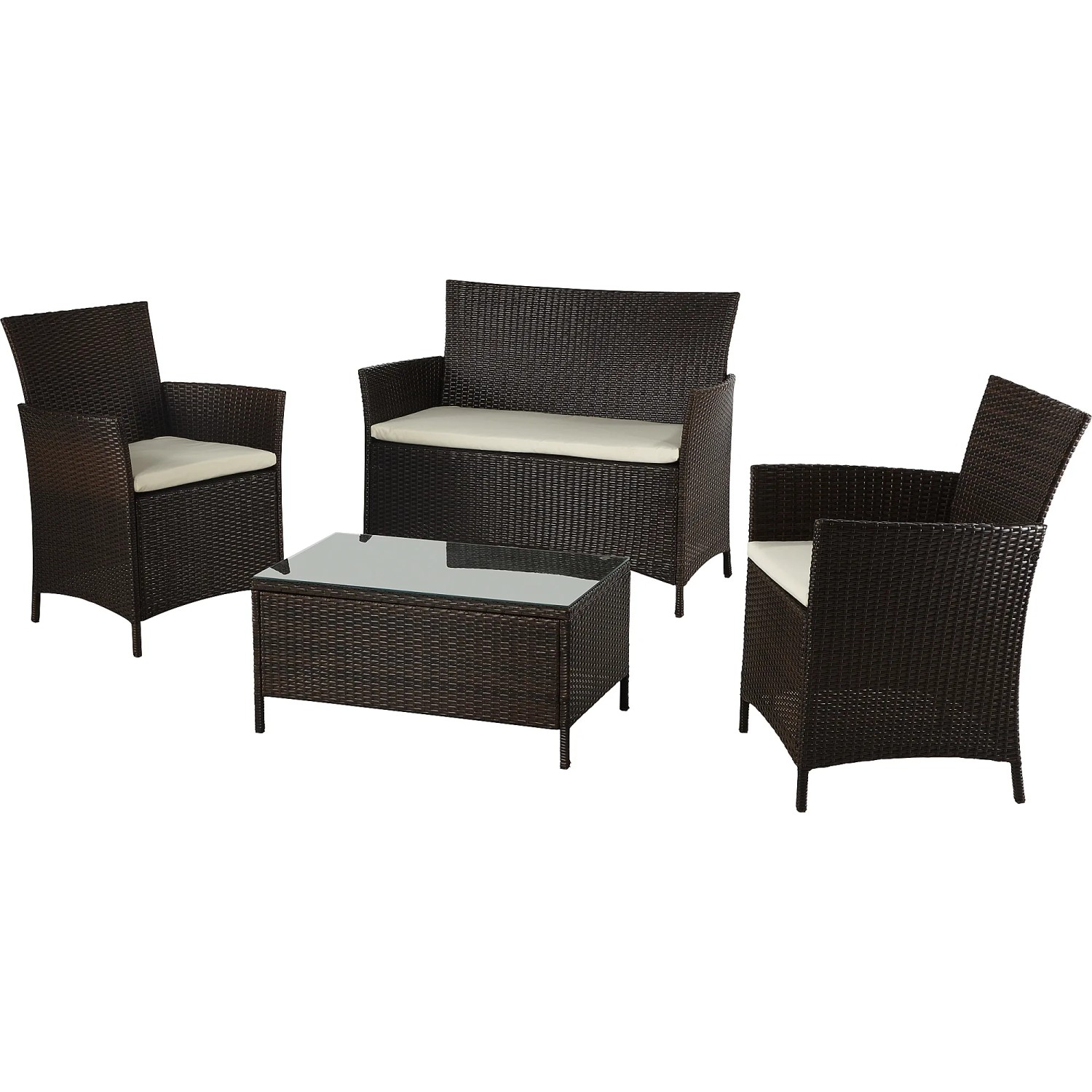 Braunes 4-teiliges Gartenmöbel-Set Canera aus Polyrattan mit Sofa, Sesseln und Tisch.