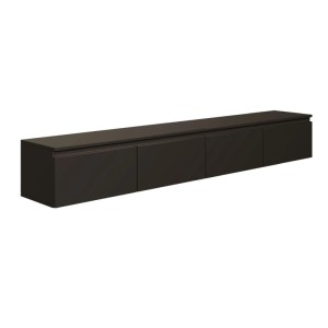 Schwarzes, mattes Selsey TV-Hängeboard Bemmi 200 cm mit vier grifflosen Klappfächern für Wandmontage.