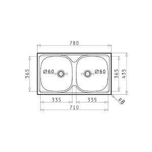 Technische Zeichnung: Pyramis Einbauspüle Doppelbecken E 78, 78x43,5cm, Edelstahl, Maße.