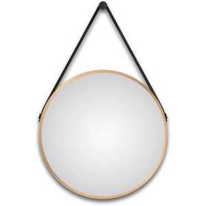 Runder DSK Design LED-Lichtspiegel Silver Barbier Ø 50 cm mit goldenem Rahmen und Lederband.