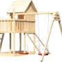 Karibu Stelzenhaus Frieda mit Doppelschaukel und Netzrampe aus Holz, naturbelassen.