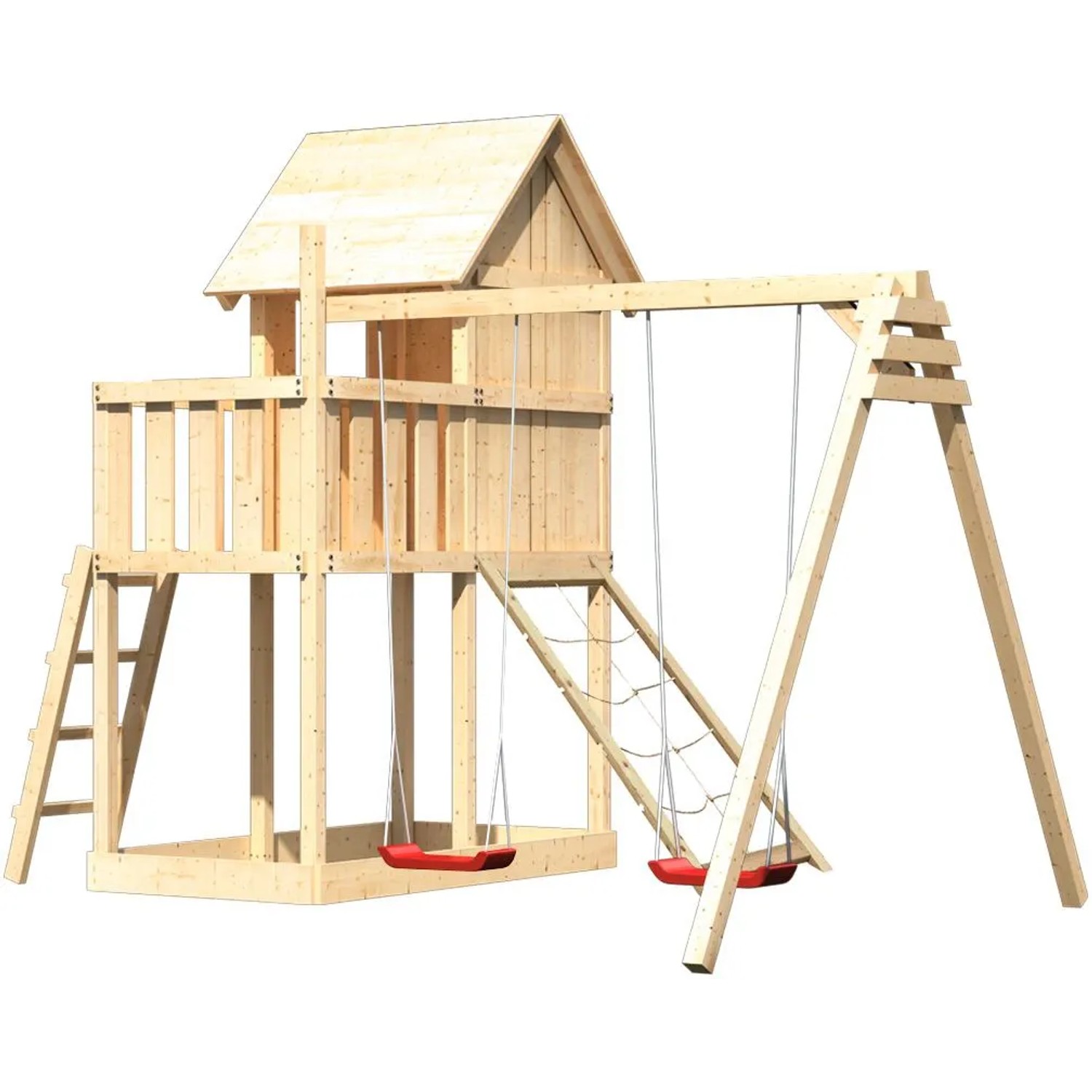 Karibu Stelzenhaus Frieda mit Doppelschaukel und Netzrampe aus Holz, naturbelassen.