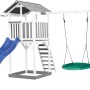 Axi Beach Tower Spielturm mit Rutsche, Klettergerüst und Nestschaukel in Grau/Weiß.