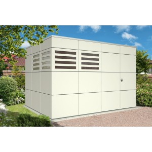 Modernes Skan Holz Gartenhaus Melbourne in Telegrau, 337x253 cm. Holz-Gartenhaus mit Lüftung.