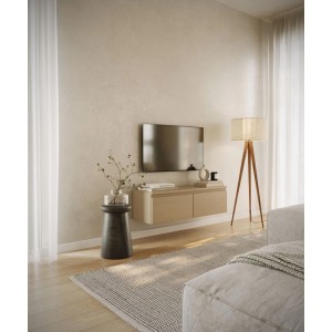 Selsey TV-Hängeboard Bemmi 100 cm Eiche Holzoptik, wandmontiert mit zwei Klappfächern unter TV im modernen Wohnzimmer.