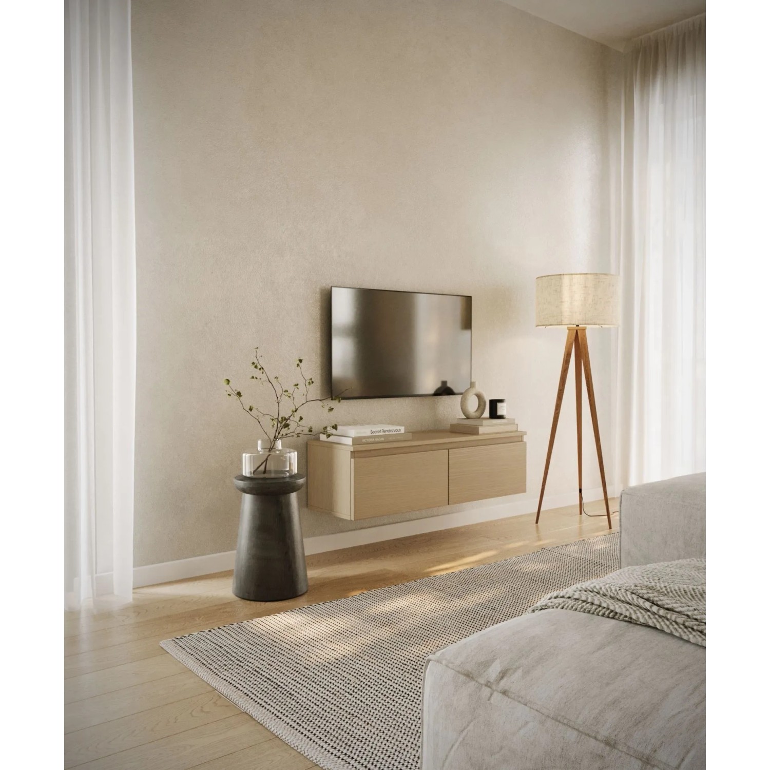 Selsey TV-Hängeboard Bemmi 100 cm Eiche Holzoptik, wandmontiert mit zwei Klappfächern unter TV im modernen Wohnzimmer.