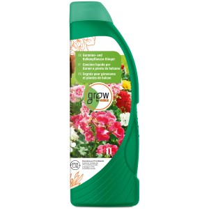 GROW by OBI Geranien- und Balkonpflanzendünger, 1l Flasche für üppige Blüten.