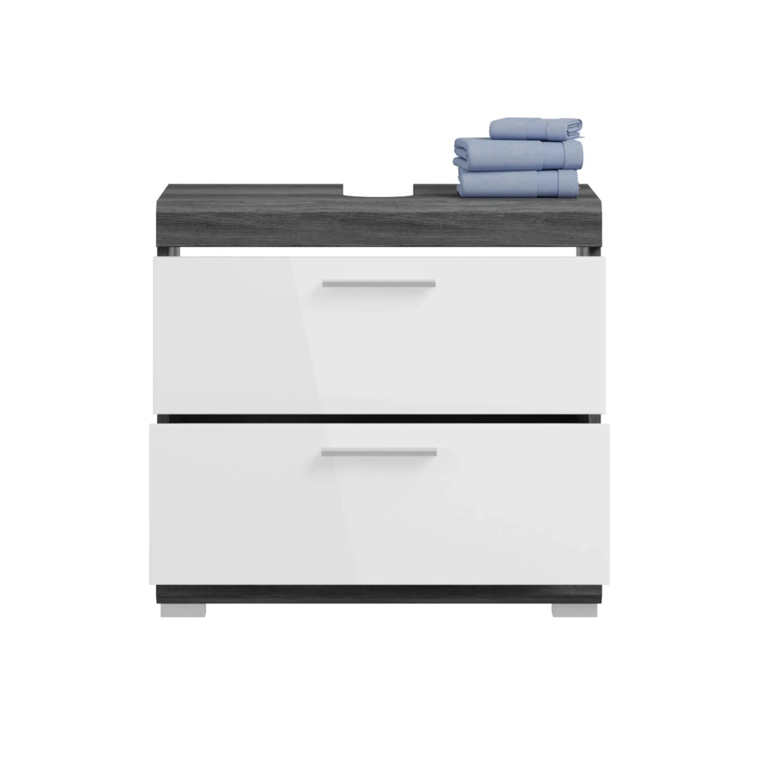 Waschbeckenunterschrank in Weiß-Rauchsilber mit 2 Schubladen, 60x56x34 cm. Badmöbel für mehr Stauraum.