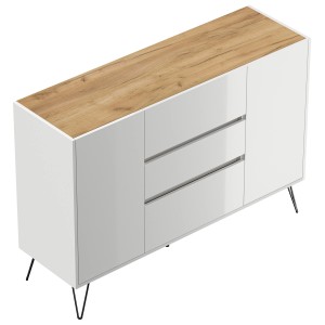 Posseik Sideboard Industrial N, weiß mit Eiche Top, 140 cm breit, mit 3 Schubladen und 2 Türen.