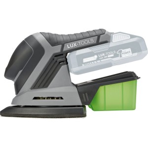 LUX-TOOLS Akku-Multischleifer A-MS-20 A 1 PowerSystem Solo, Schleifmaschine in Grau mit Staubfangbox.