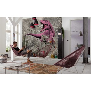 Komar Vliesfototapete Pinky mit pinkem Dinosaurier im Dschungel-Design im Wohnraum.