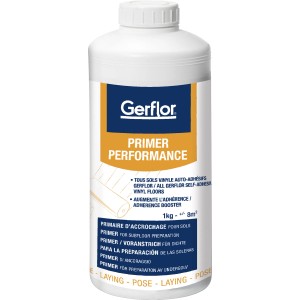 Weiße Flasche Gerflor Primer Grundierung 1 kg für Vinyl-Dielen und Fliesen.