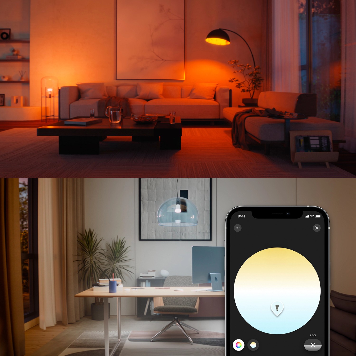 Philips Hue E27 LED Lampe in Wohn- und Arbeitszimmer mit Farbanpassung per App.